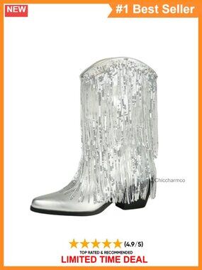 Faux Leather Sequin Fringe Western Ankle Boots Pointed Toe Block Heel